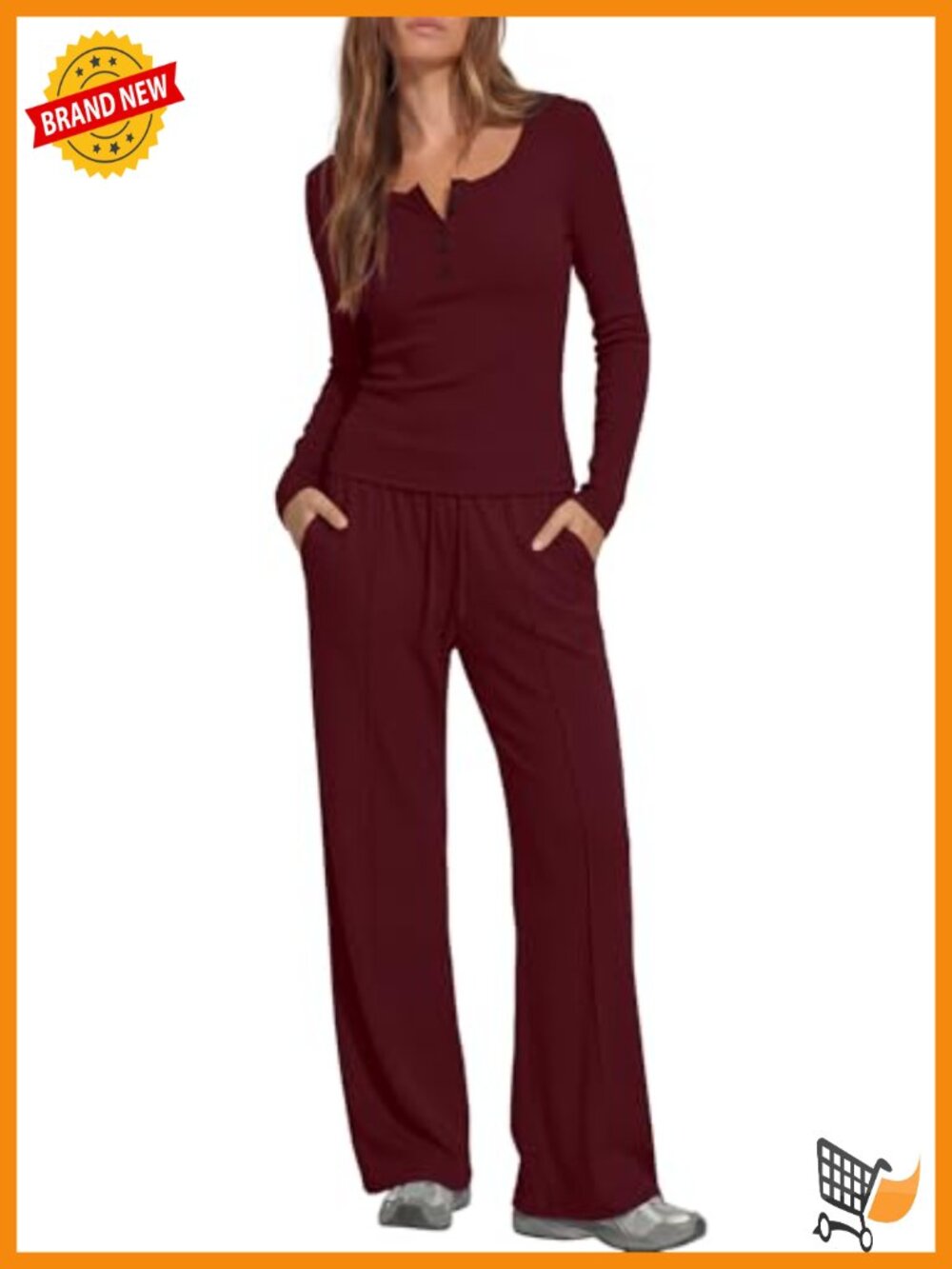 Women's 2 Piece Lounge Set Henley Top Wide Leg Pants Soft Ribbed